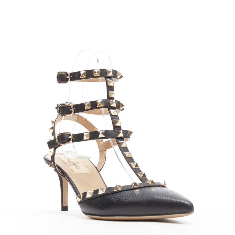 VALENTINO Rockstud black pebble leather gold spike stud caged pump EU38 ...