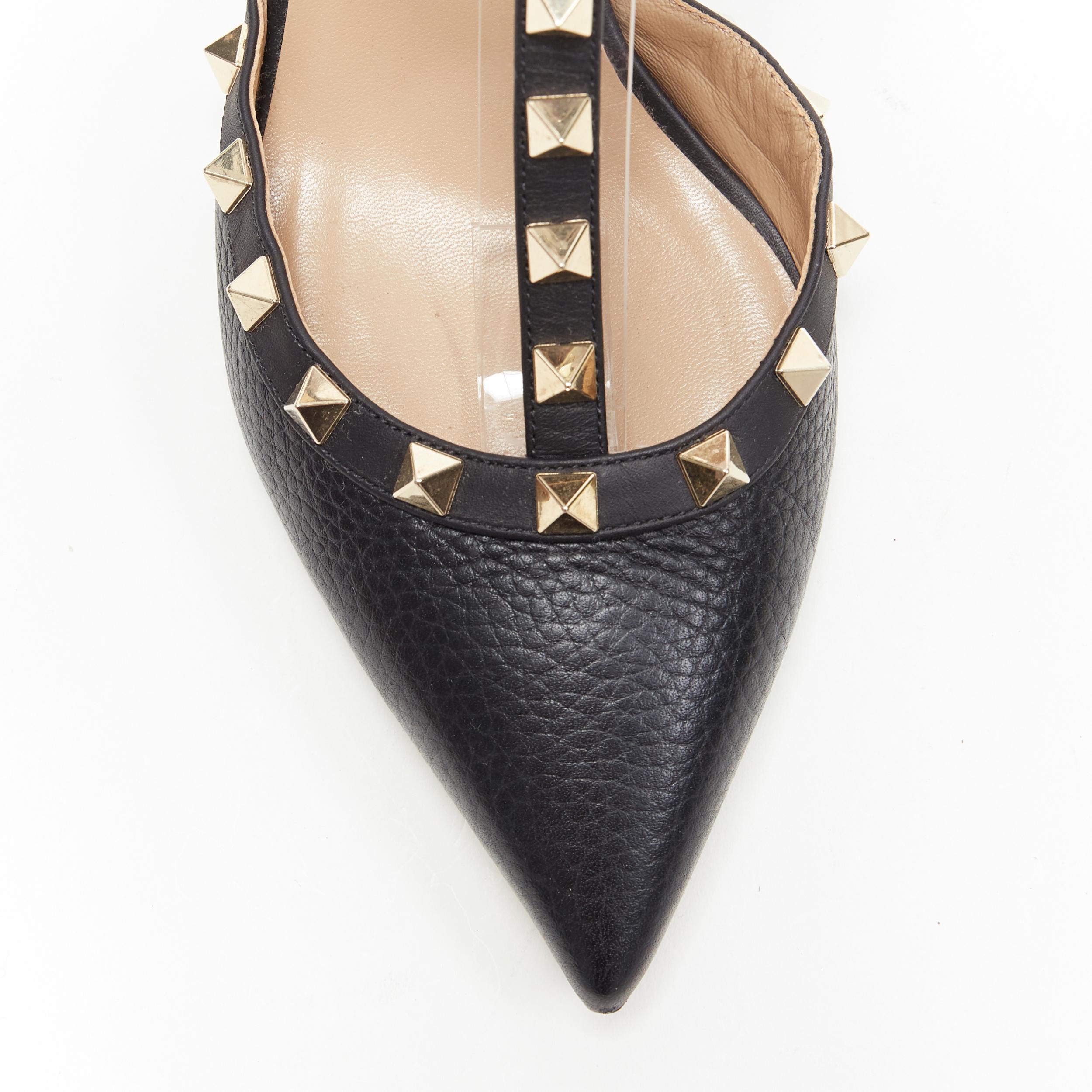 Women's VALENTINO Rockstud black pebble leather gold spike stud caged pump EU38.5