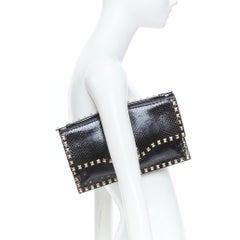 VALENTINO Rockstud black scaled leather silver flip lock top handle clutch bag