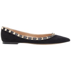 VALENTINO Rockstud black suede leather gold studded pointed toe flats EU37