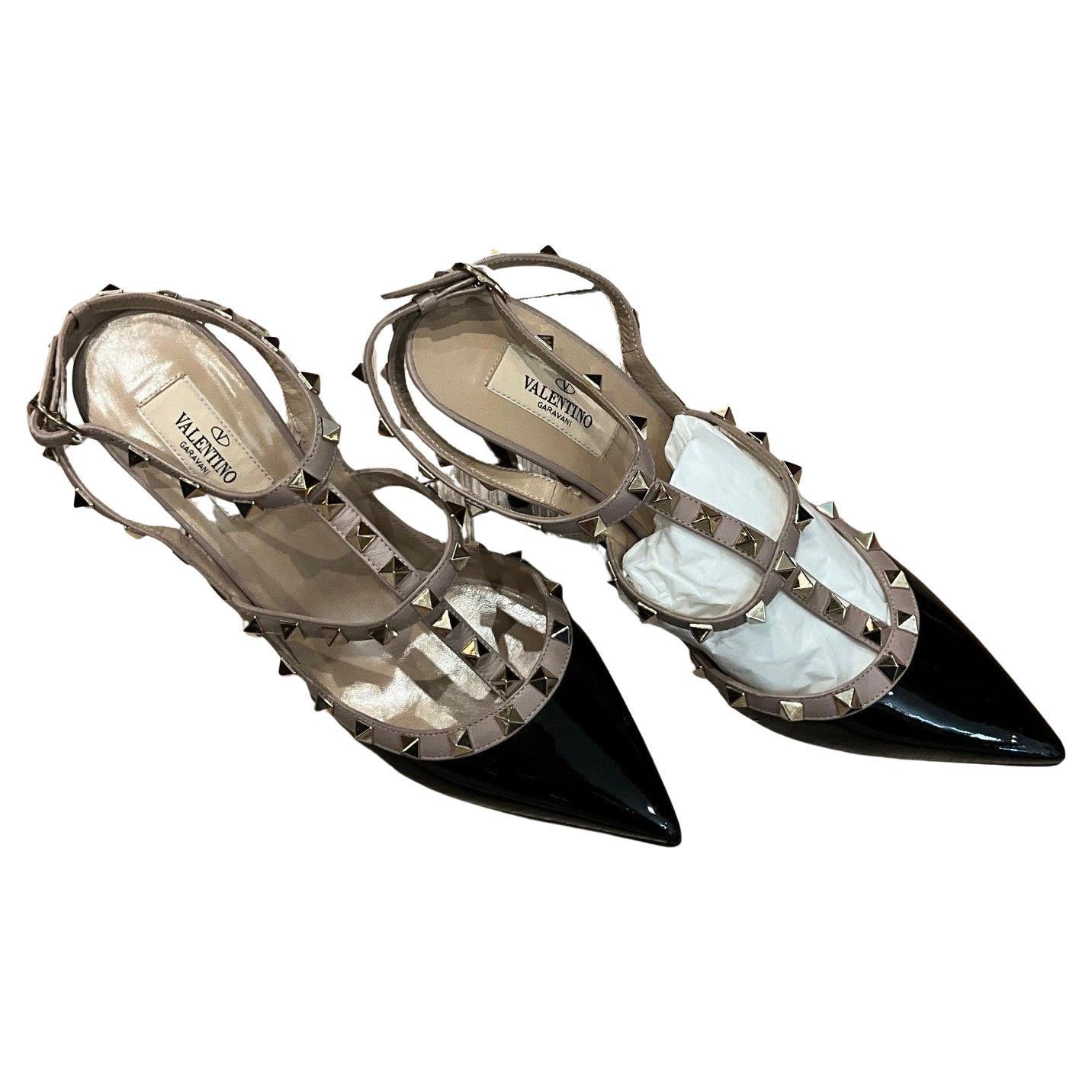 Valentino Rockstud Sandale à talon Tan noir Taille EU 40 en vente