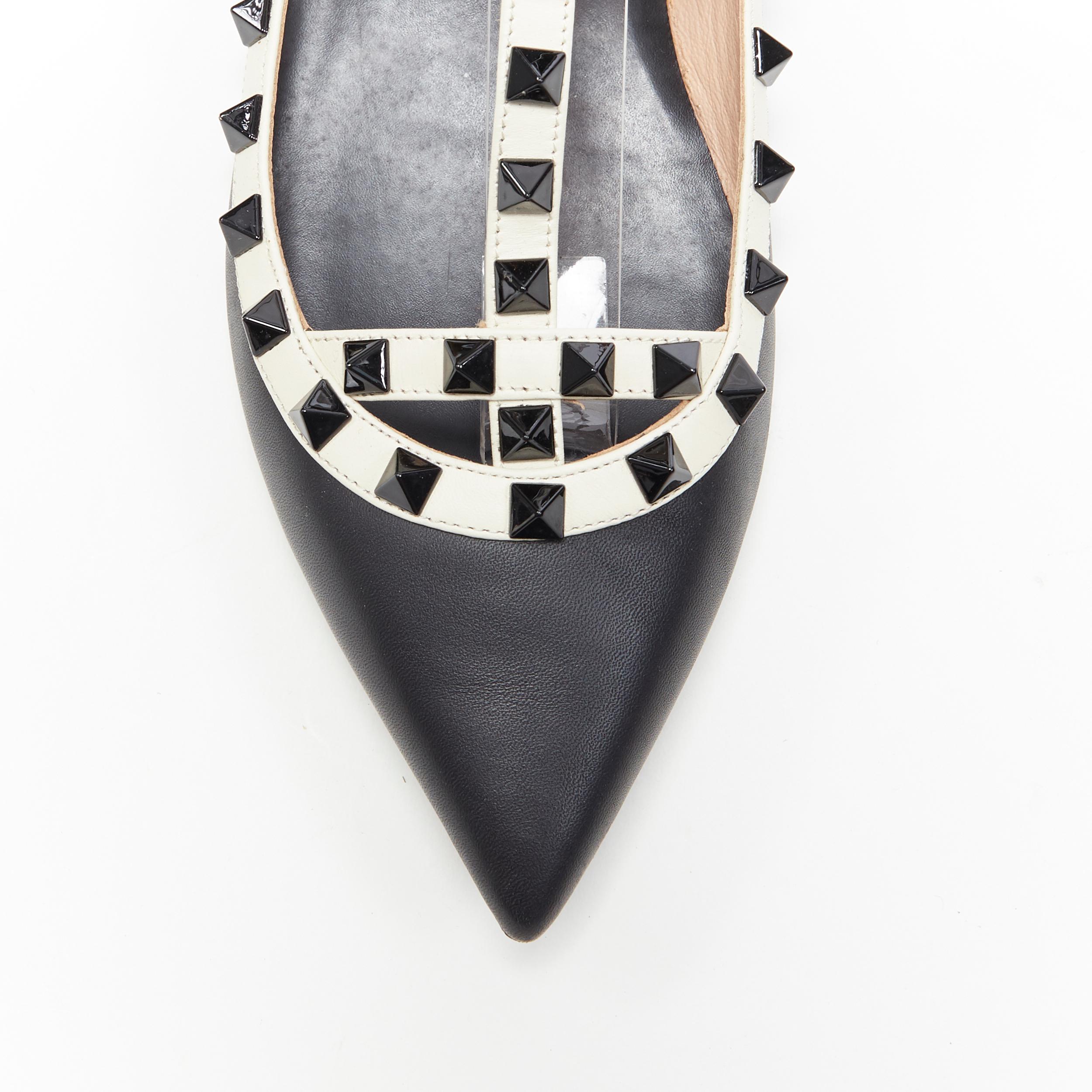 Women's VALENTINO Rockstud black white studded caged strappy pointed flat shoes EU38.5