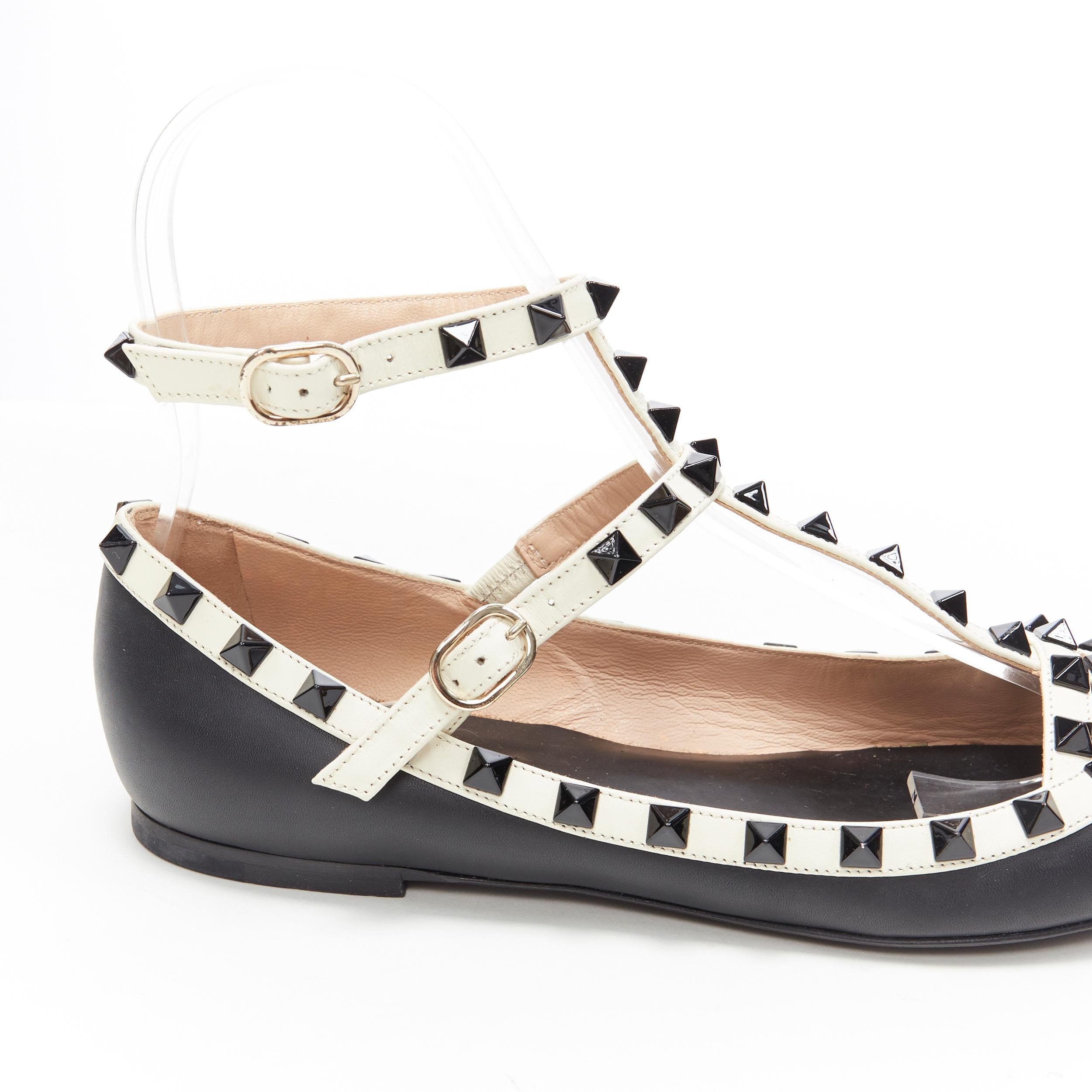 VALENTINO Rockstud black white studded caged strappy pointed flat shoes EU38.5 2
