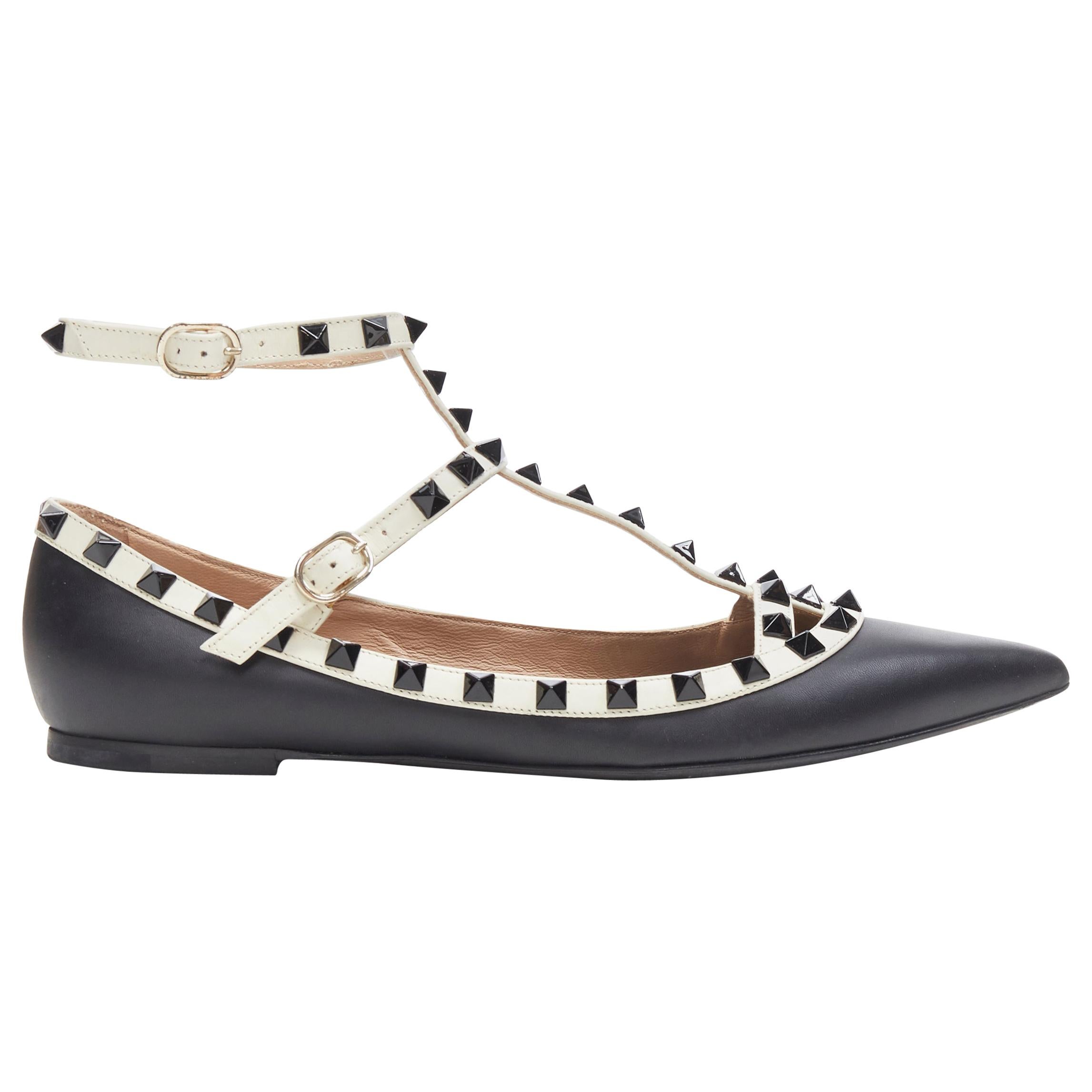 VALENTINO Rockstud black white studded caged strappy pointed flat shoes EU38.5
