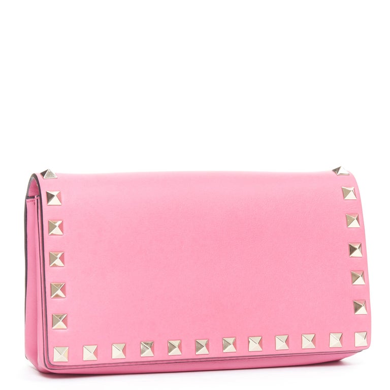 VALENTINO Rockstud bright pink gold stud bordered flap chain crossbody bag  at 1stDibs