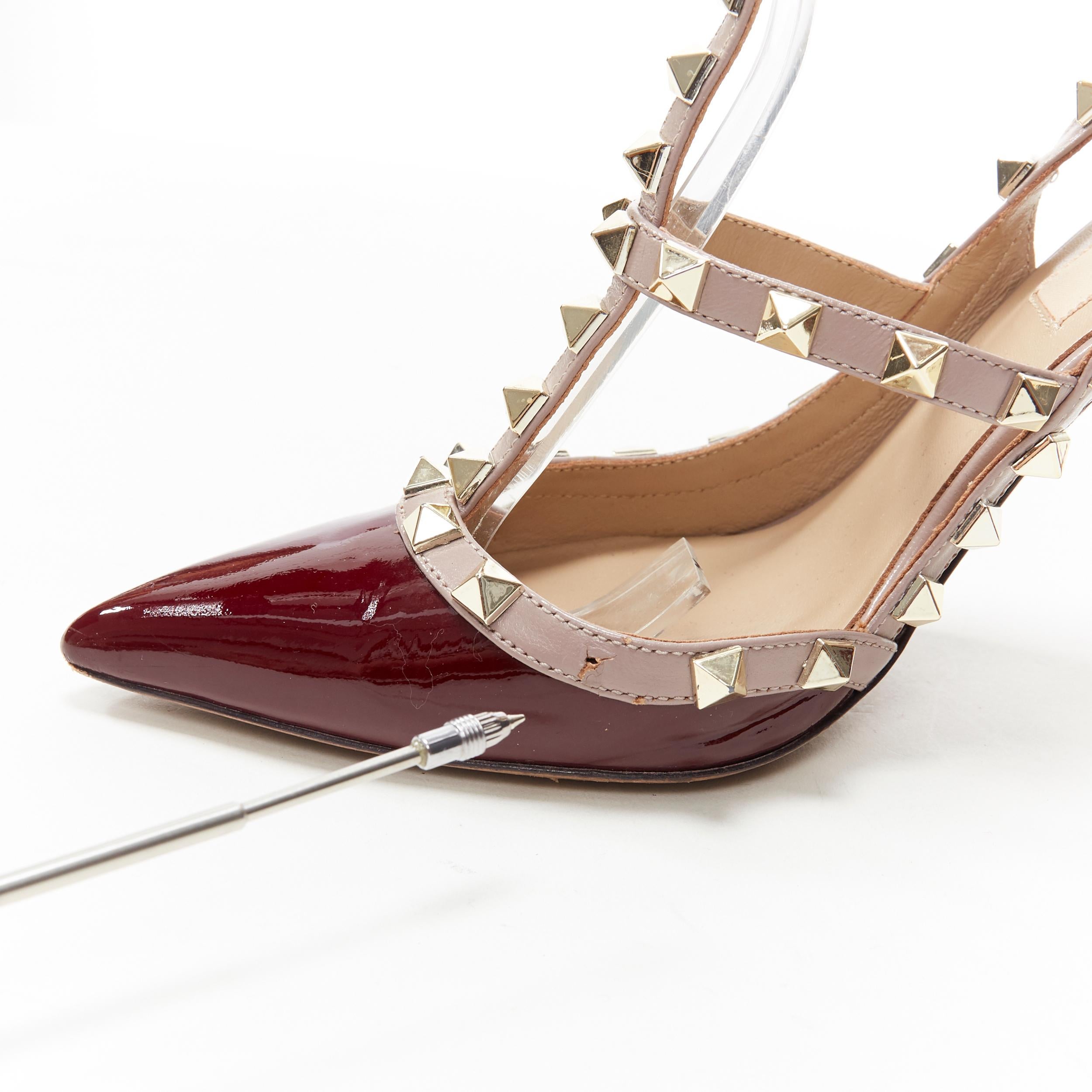 VALENTINO Rockstud burdeos rojo charol oro tachuelas enjaulado punta tacón EU39 7