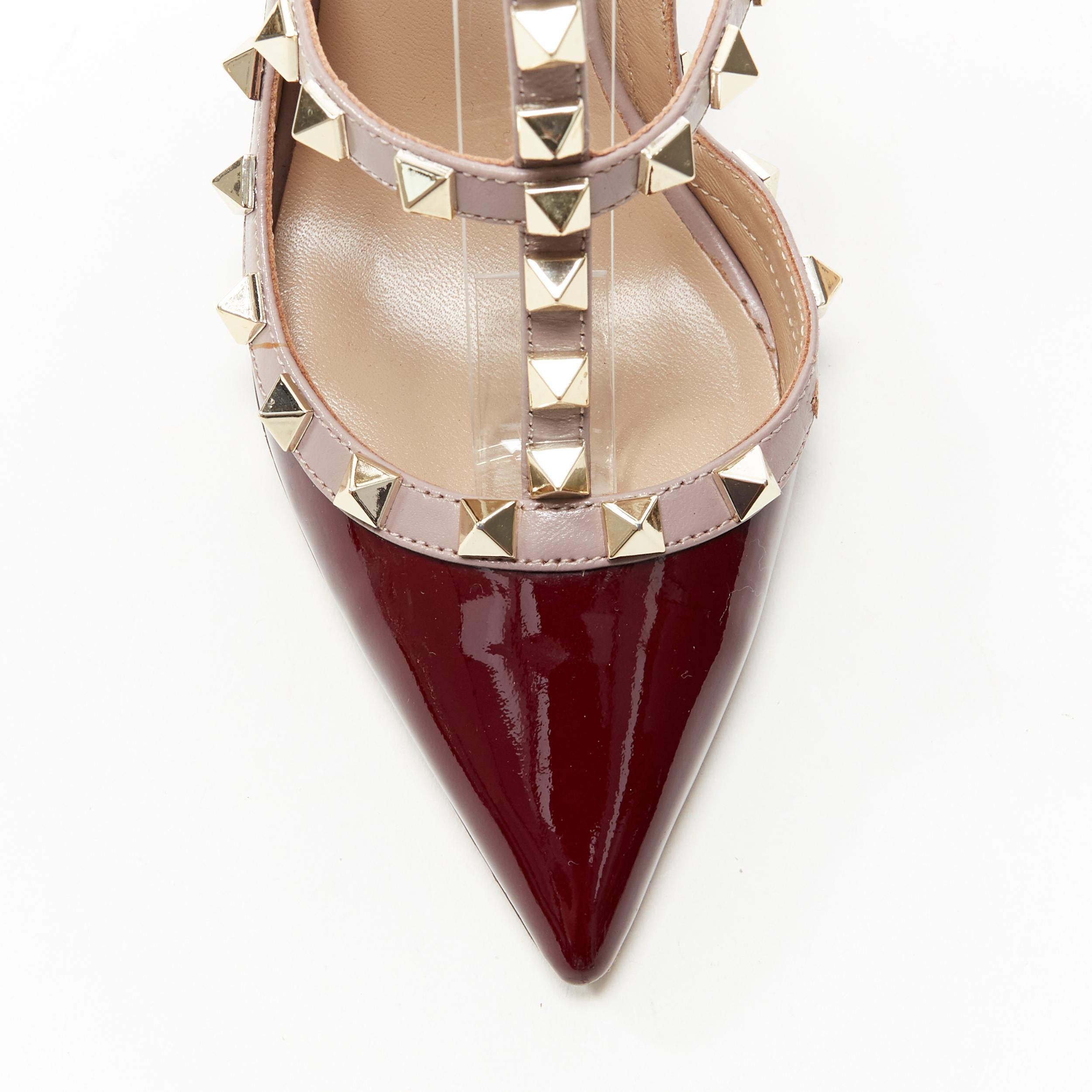 Women's VALENTINO Rockstud burgundy red patent gold studded caged point toe heel EU39