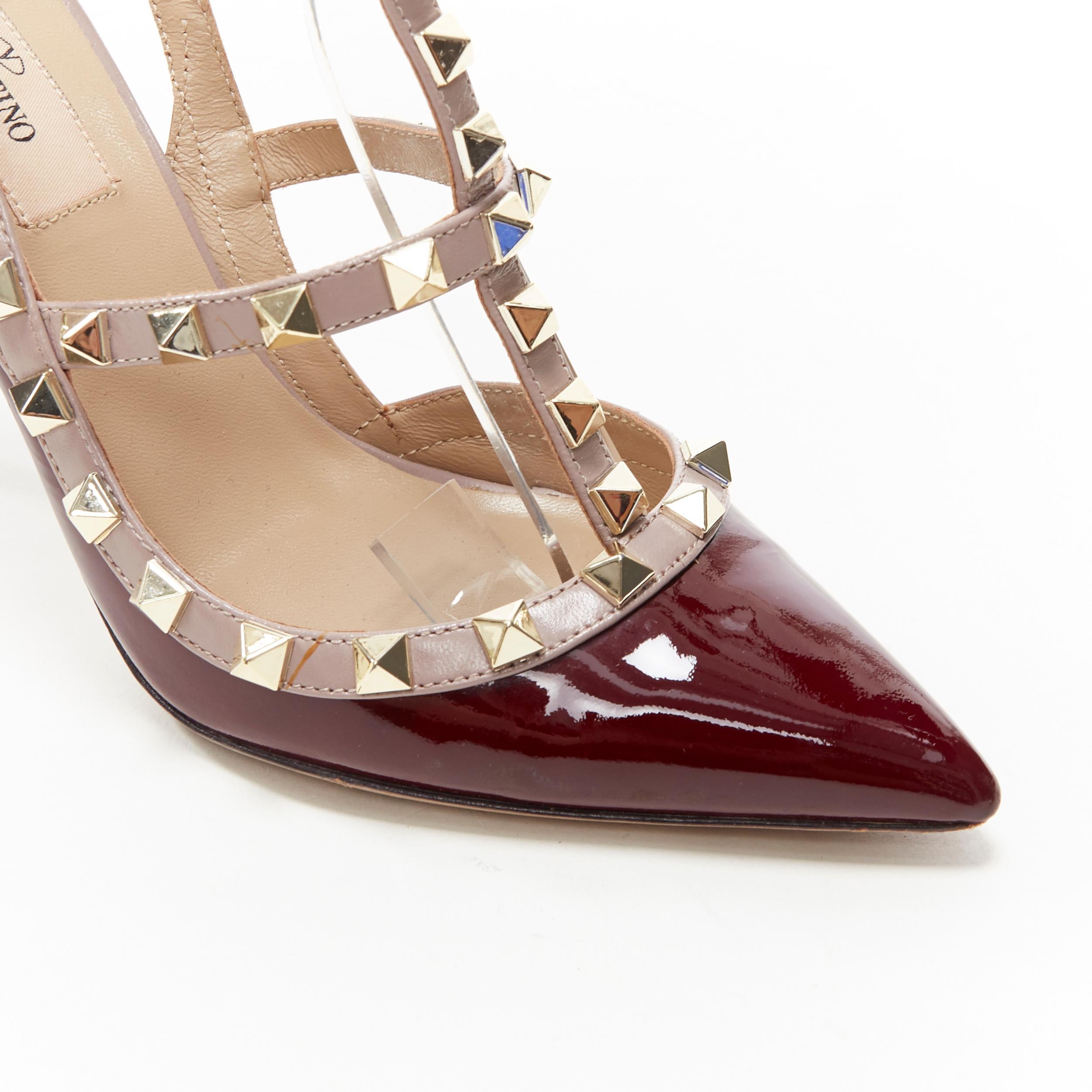 VALENTINO Rockstud burdeos rojo charol oro tachuelas enjaulado punta tacón EU39 4