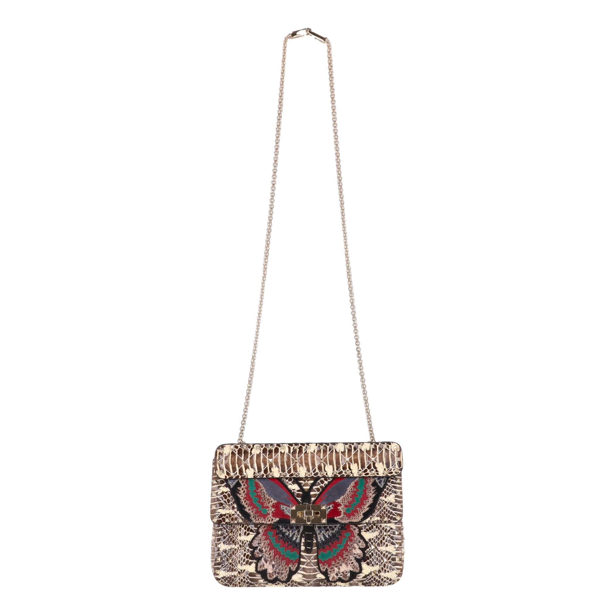 Marrone Valentino Rockstud Butterfly Water Snakeskin Crossbody Bag in vendita