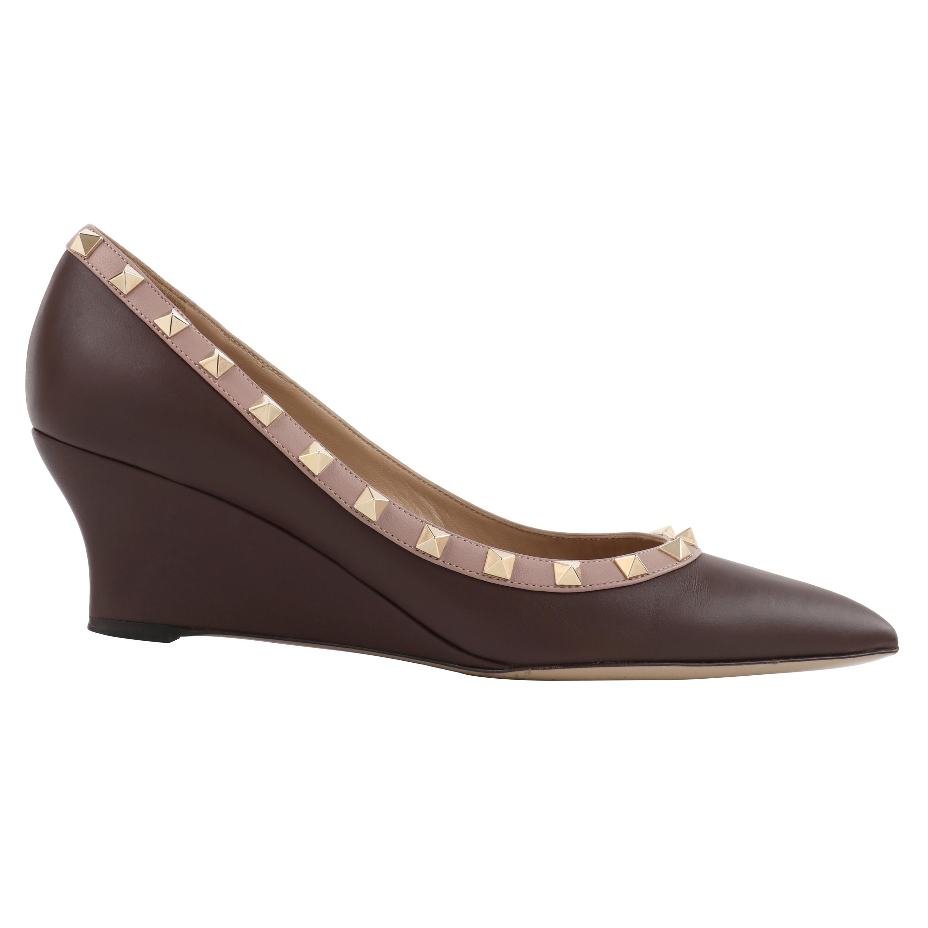 VALENTINO "Rockstud" Cacao Brown Napa Leather Studded Pointed Toe Wedge Heels