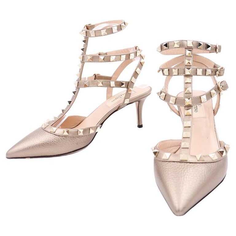 Valentino Rockstud Cage Triple Strap Bronze Leather Shoes For Sale at ...