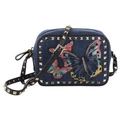 Valentino Rockstud Camera Crossbody Bag Denim with Butterfly Applique