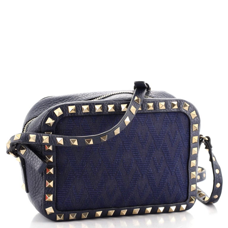 Valentino Rockstud Camera Crossbody Bag Jacquard Canvas with Leather at