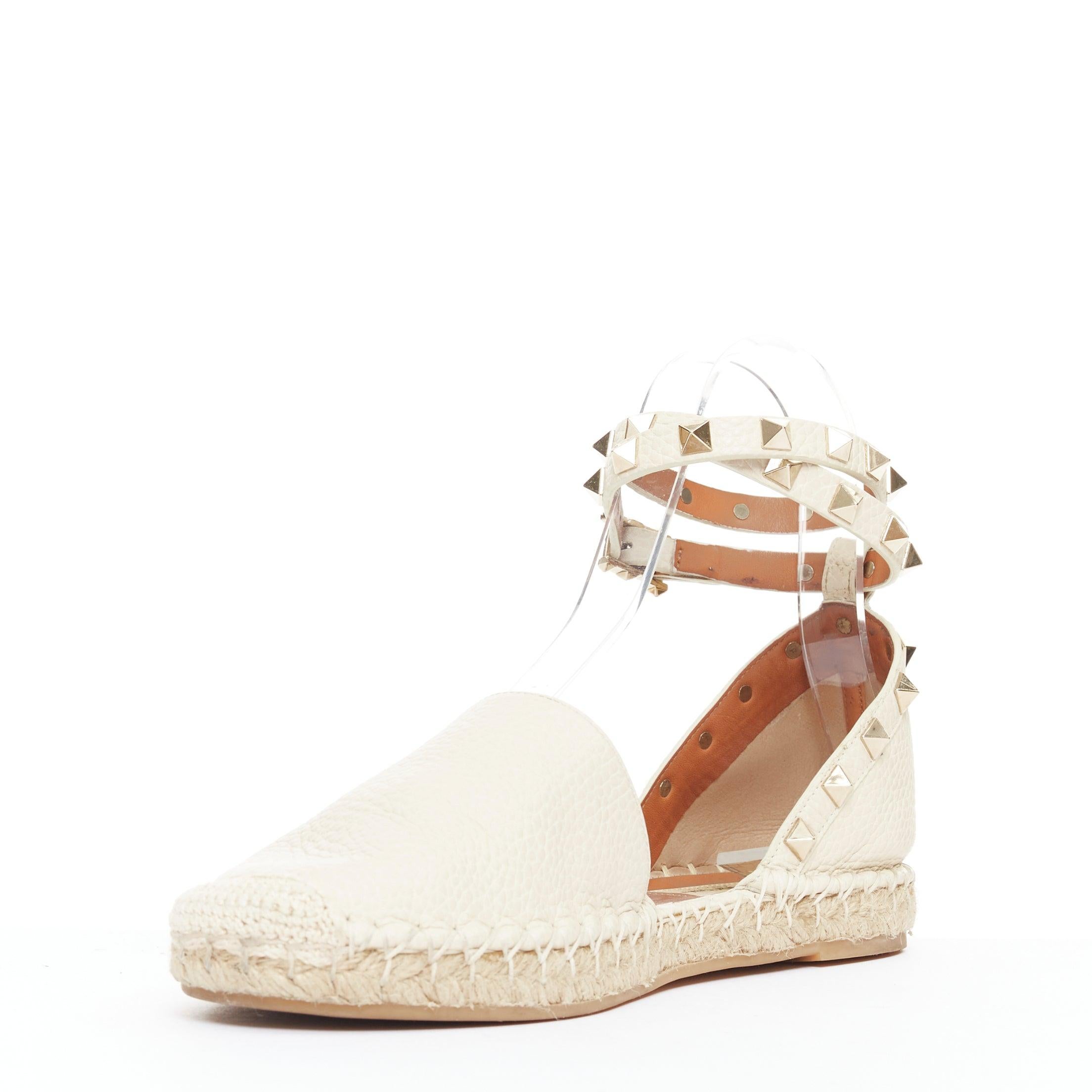 VALENTINO Rockstud Creme Leder Gold Nieten doppelte Espadrille Wohnungen EU37 im Angebot 1