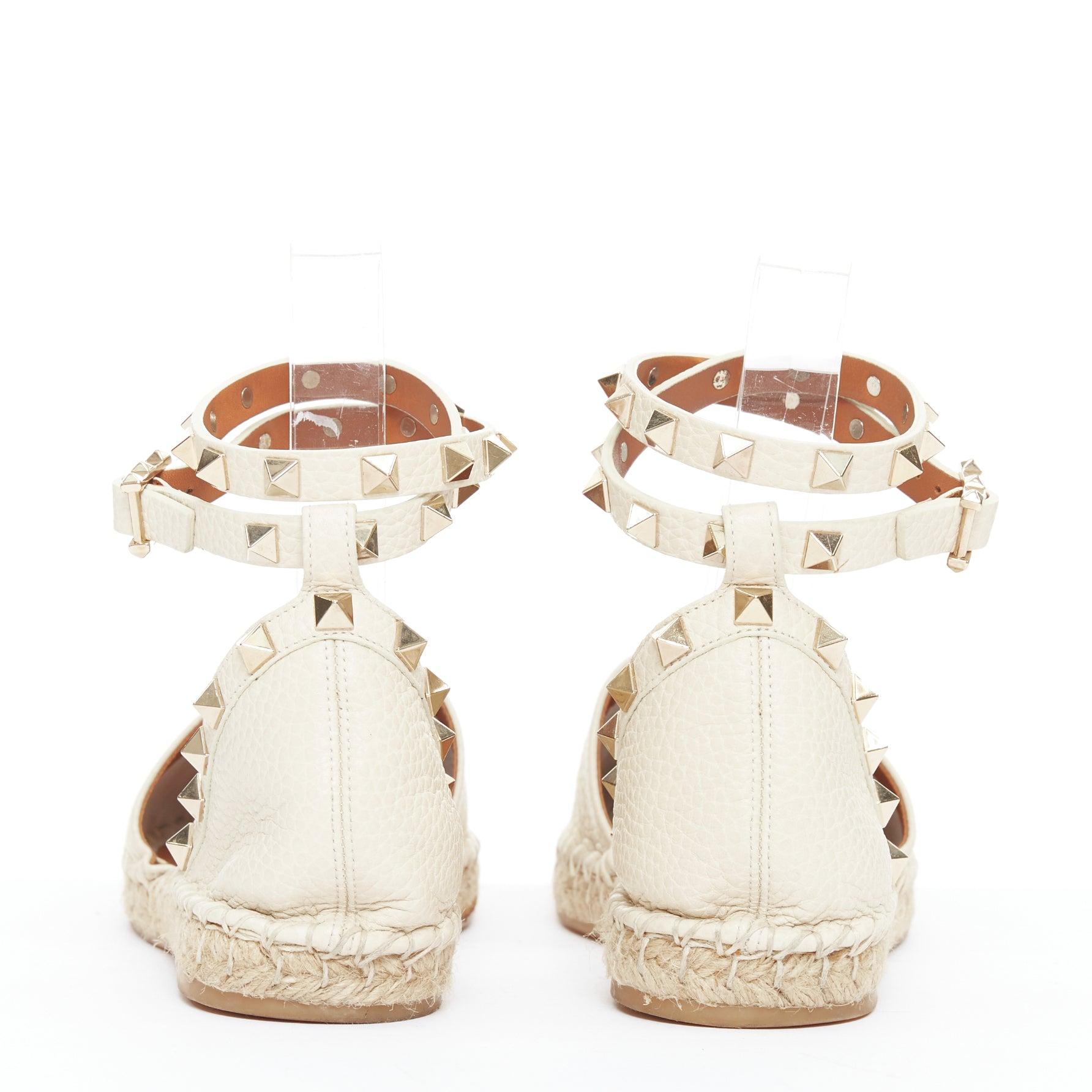 VALENTINO Rockstud Creme Leder Gold Nieten doppelte Espadrille Wohnungen EU37 im Angebot 2