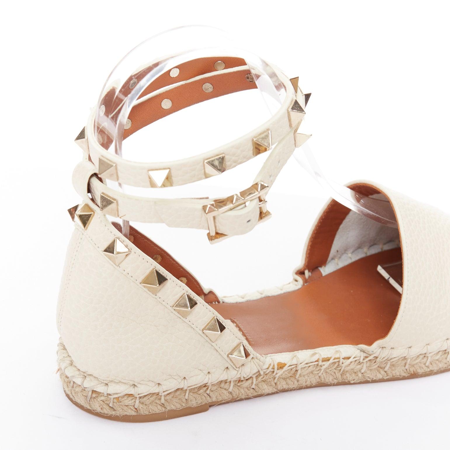 VALENTINO Rockstud Creme Leder Gold Nieten doppelte Espadrille Wohnungen EU37 im Angebot 5