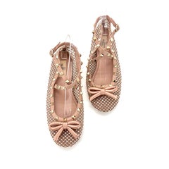 Valentino Rockstud Crystals Mesh Rose Cannelle Calfskin Ballerina Flats 40