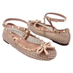 Valentino Rockstud Crystals Mesh Rose Cannelle Calfskin Ballerina Flats 40