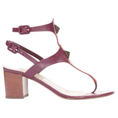VALENTINO Rockstud dark red leather tstrap Roman Stud block heel sandals EU37.5