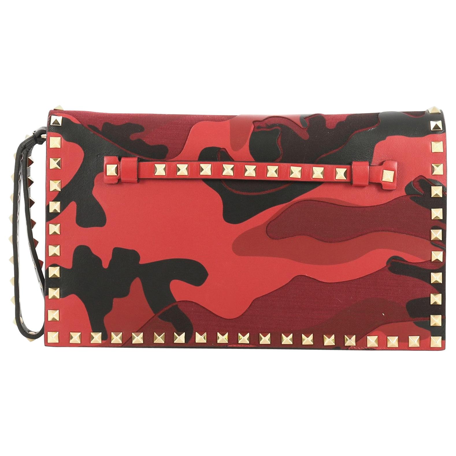 Valentino Rockstud Flap Clutch Camo Leather and Canvas