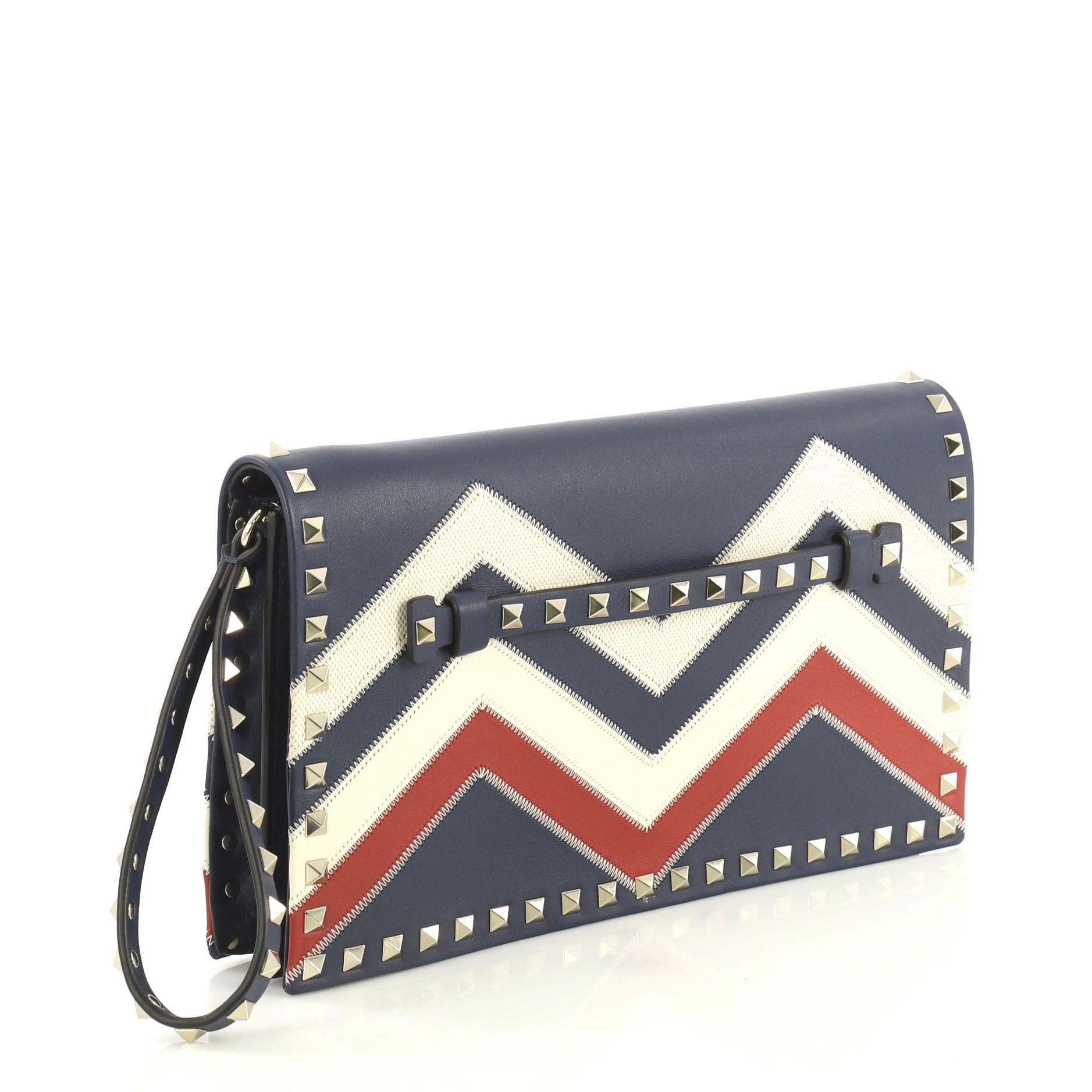 Black Valentino Rockstud Flap Clutch Chevron Leather and Canvas