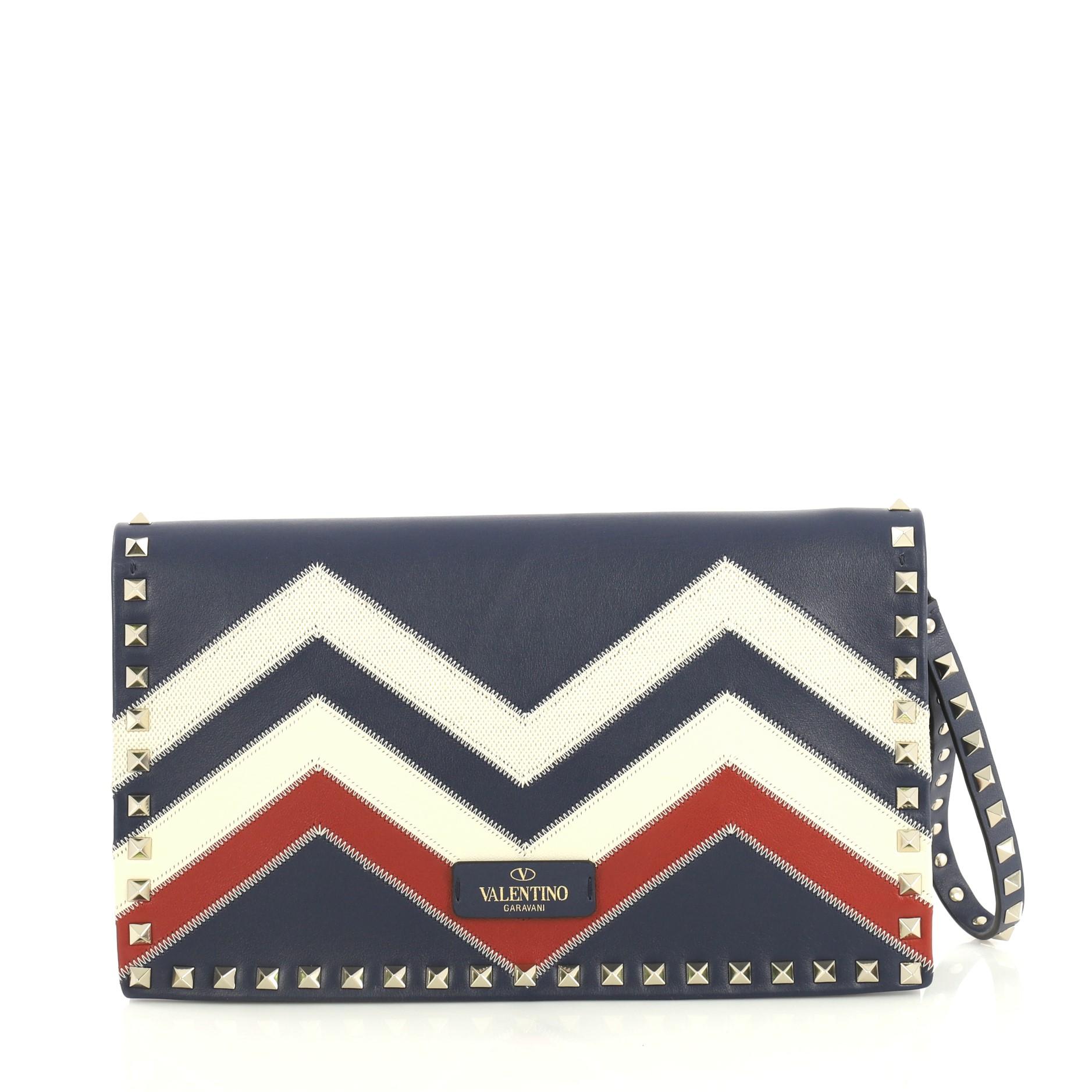 Valentino Rockstud Flap Clutch Chevron Leather and Canvas In Excellent Condition In NY, NY