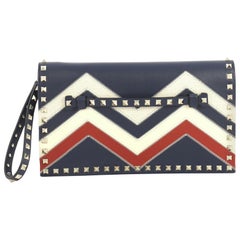 Valentino Rockstud Flap Clutch Chevron Leather and Canvas