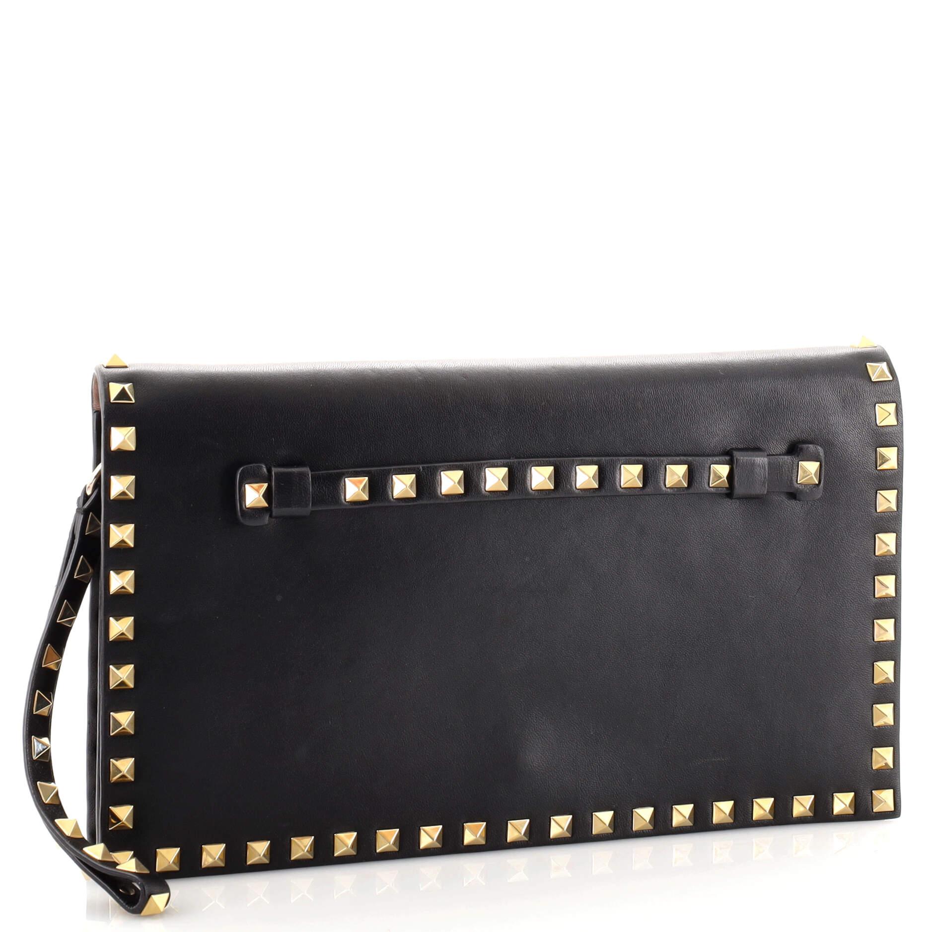 Black Valentino Rockstud Flap Clutch Leather