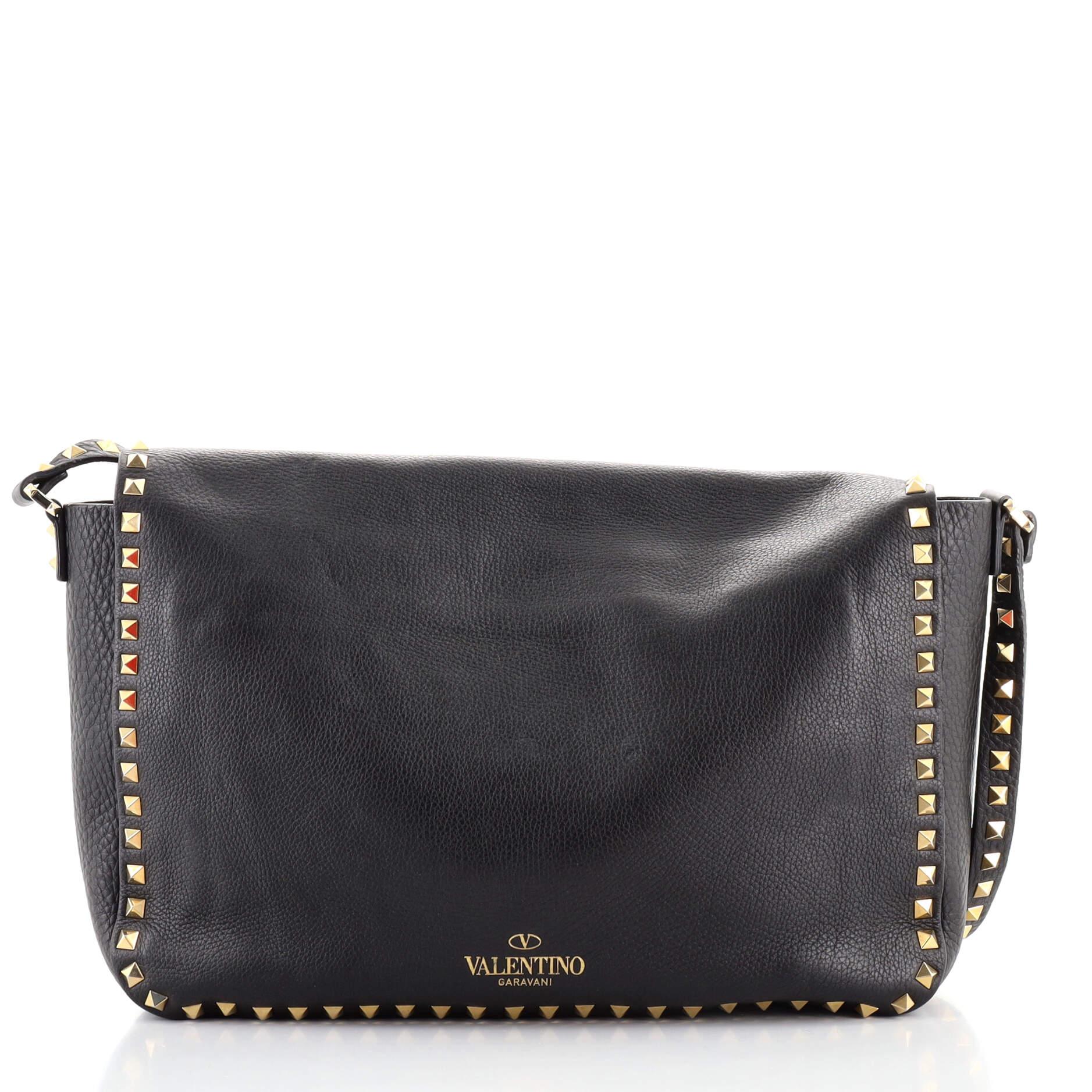 Black Valentino Rockstud Flip Lock Front Pocket Flap Messenger Bag Leather Medium