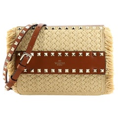 Valentino Rockstud Front Handle Flap Bag Raffia and Leather Small