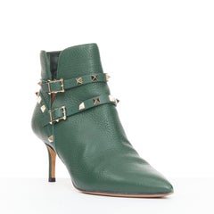 VALENTINO Rockstud green pebbled calf leather gold stud harness ankle boots EU37
