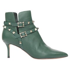 VALENTINO Rockstud green pebbled calf leather gold stud harness ankle boots EU37