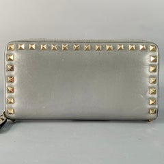 VALENTINO Rockstud Grey Gold Studded Leather Checkbook Wallet
