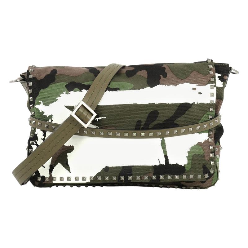 Valentino Rockstud Messenger Bag Printed Camo Canvas Large