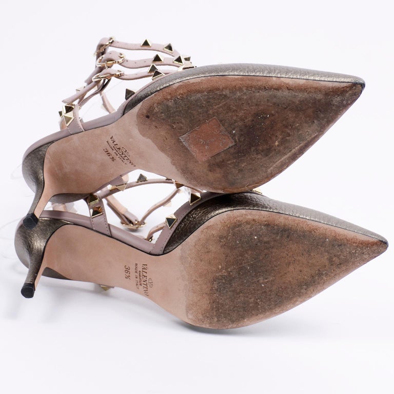 Valentino Rockstud Metallic Gold Cage Ankle Strap Low Heel Shoes For