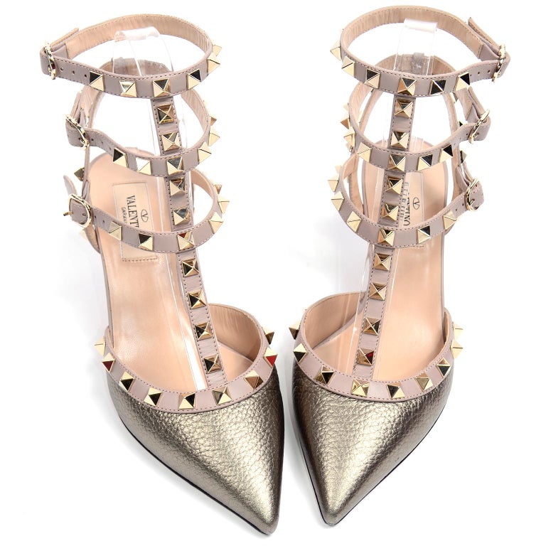 Valentino Rockstud Metallic Gold Cage Ankle Strap Low Heel Shoes For Sale  at 1stDibs
