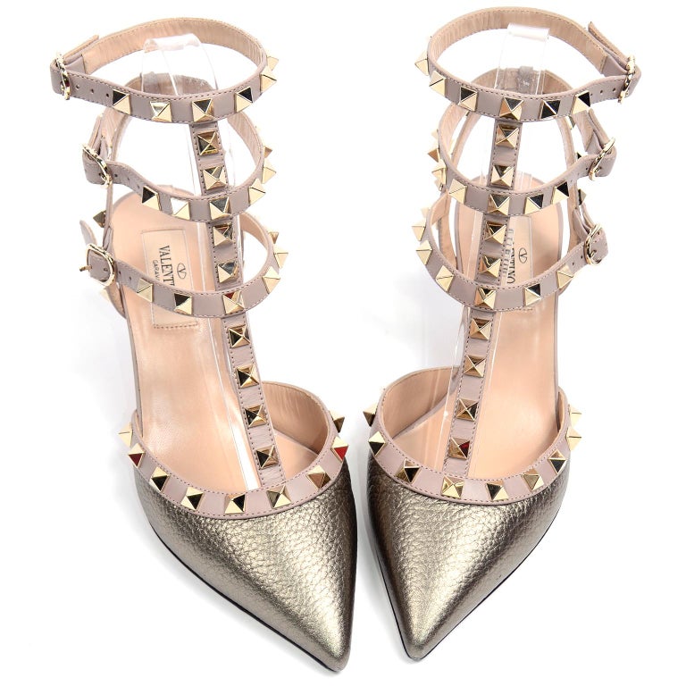 Valentino Rockstud Metallic Gold Cage Ankle Strap Low Heel Shoes For
