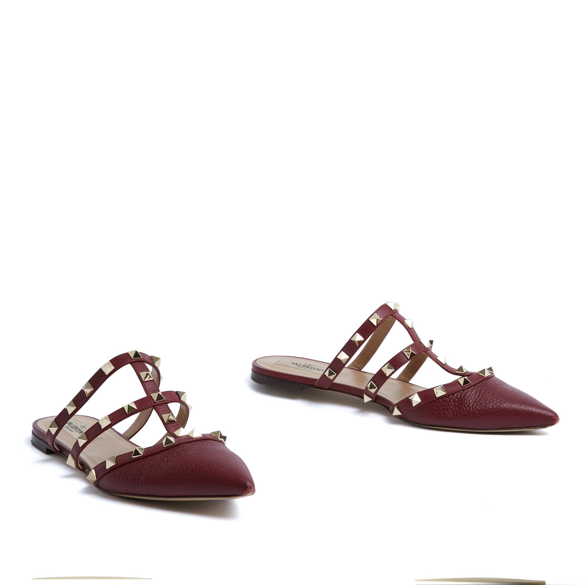 Brown Valentino Rockstud Mules EU38.5 Dark Red Leather Flats Shoes UK5.5 US8 For Sale