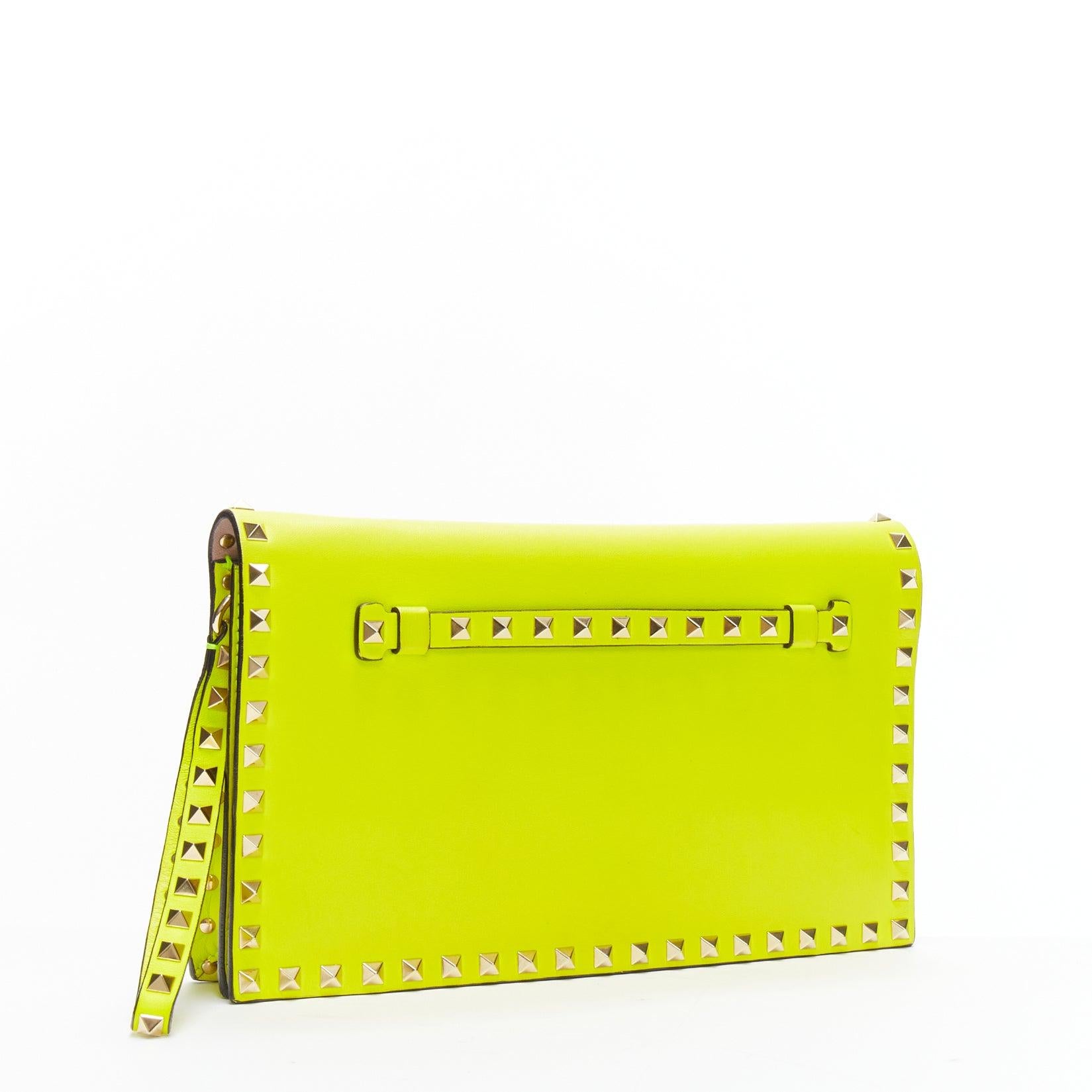 Women's VALENTINO Rockstud neon yellow studded leather flap wristlet clutch bag
