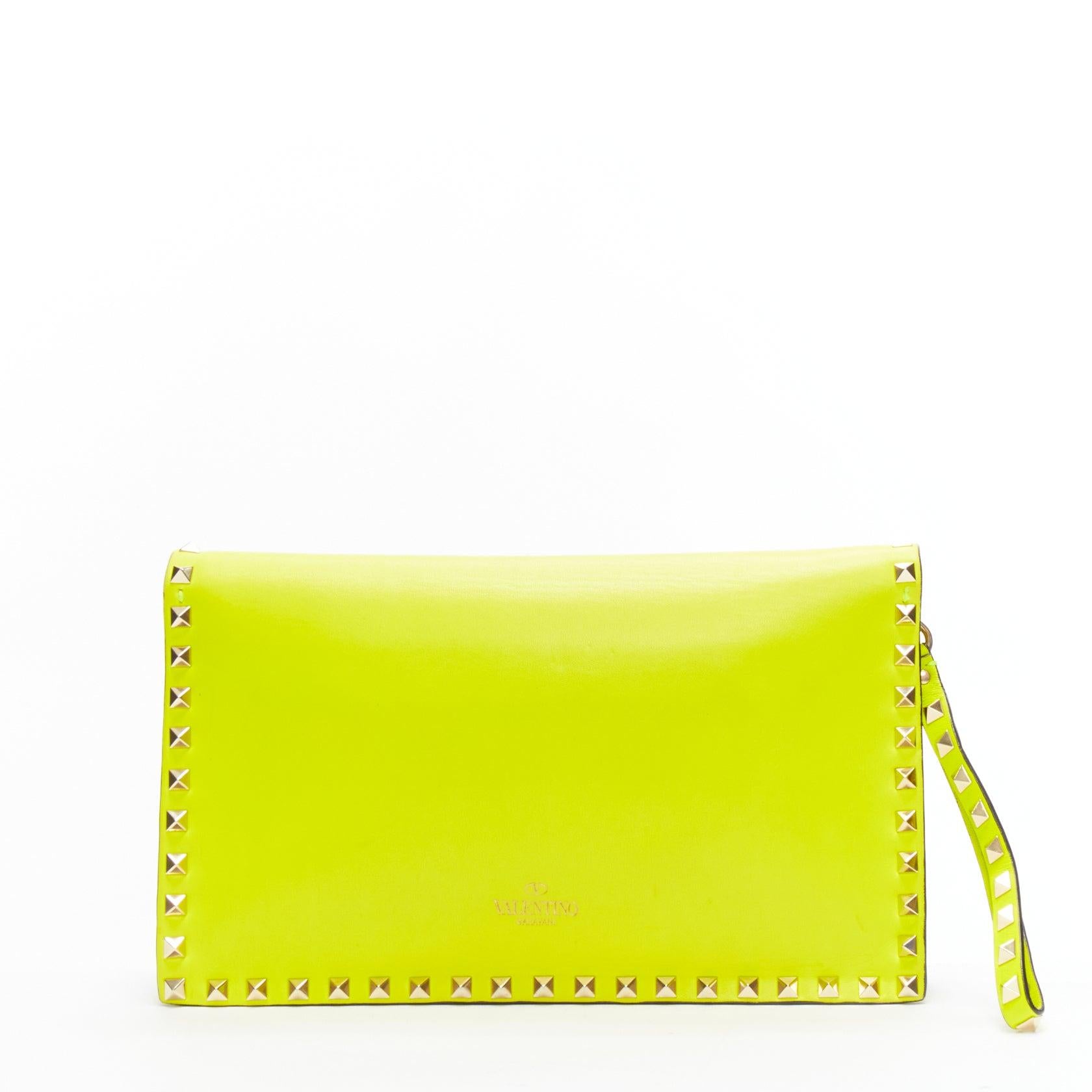 VALENTINO Rockstud neon yellow studded leather flap wristlet clutch bag 2