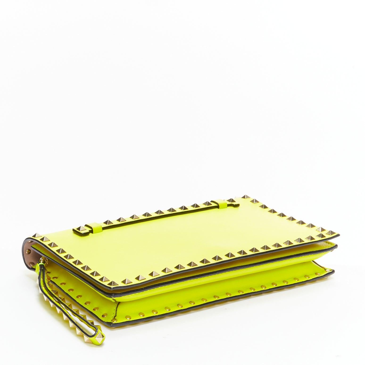 VALENTINO Rockstud neon yellow studded leather flap wristlet clutch bag 3