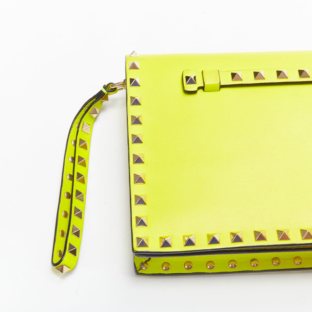 VALENTINO Rockstud neon yellow studded leather flap wristlet clutch bag 4