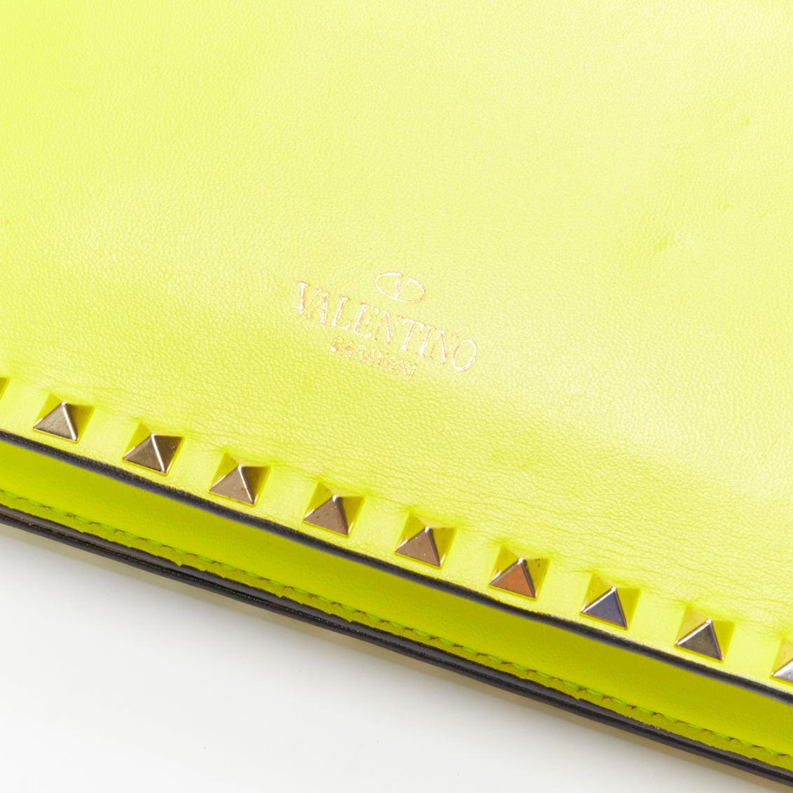 VALENTINO Rockstud neon yellow studded leather flap wristlet clutch bag 5