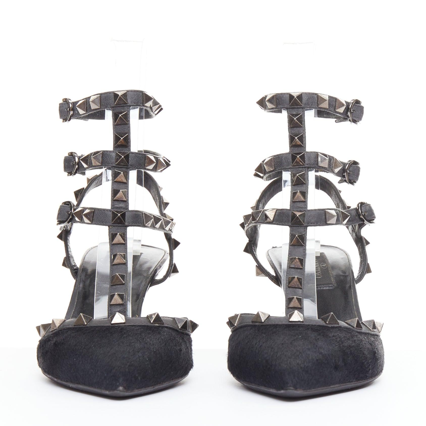 Grigio Valentino Rockstud Noir nero crine argento borchie a punta gabbia sandali EU37.5 in vendita