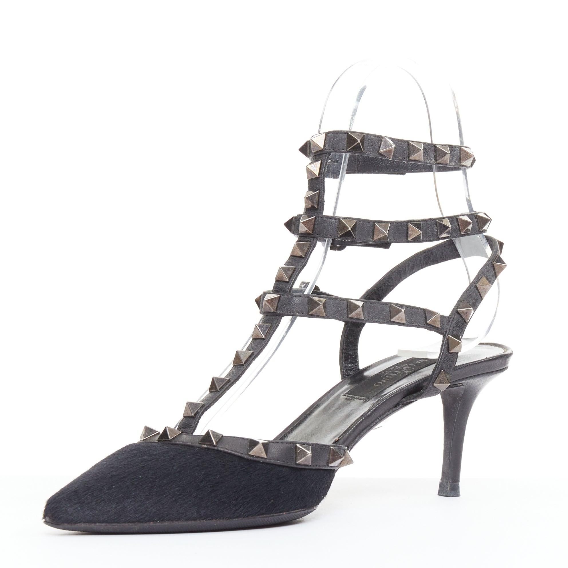 Valentino Rockstud Noir nero crine argento borchie a punta gabbia sandali EU37.5 In condizioni buone in vendita a Hong Kong, NT