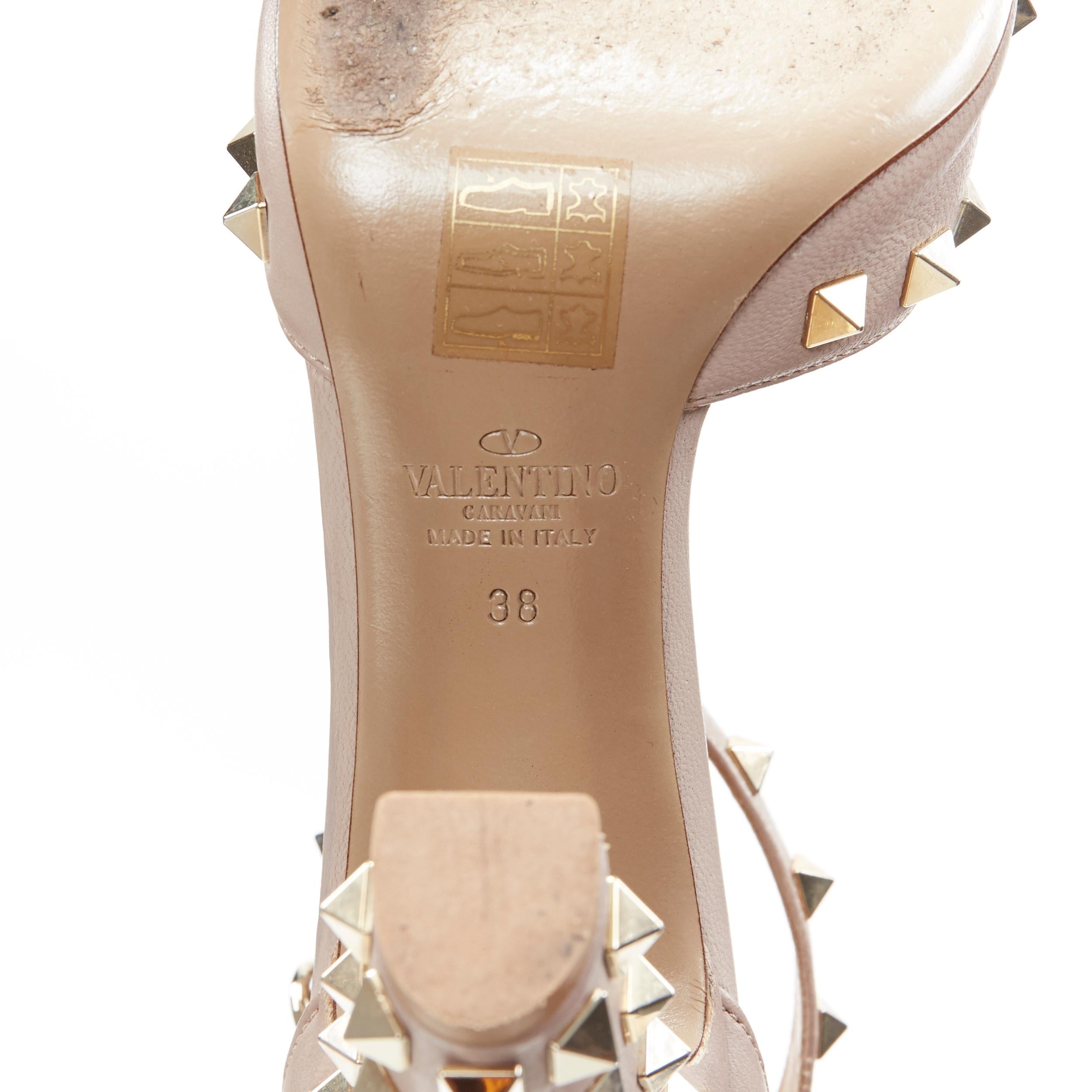 VALENTINO Rockstud nude beige cuero oro tachonado peep  bomba con correa en el tobillo EU38 7