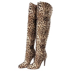 Valentino Rockstud Over the Knee Leopard Print Cowhair Stiletto Boots 40