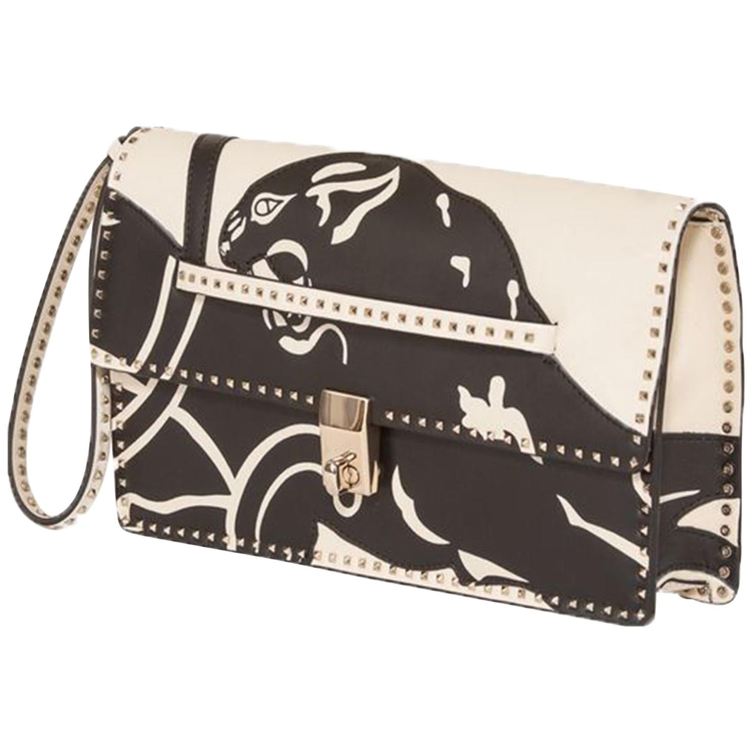Valentino Rockstud Panther Leather Clutch Bag