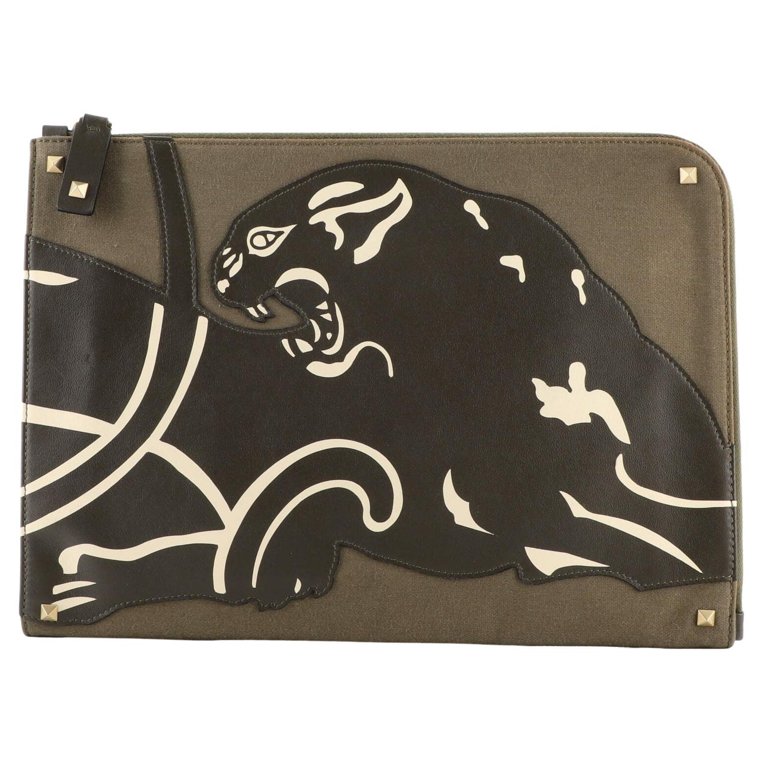 Valentino Rockstud Panther Zip Pouch Canvas with Leather Large