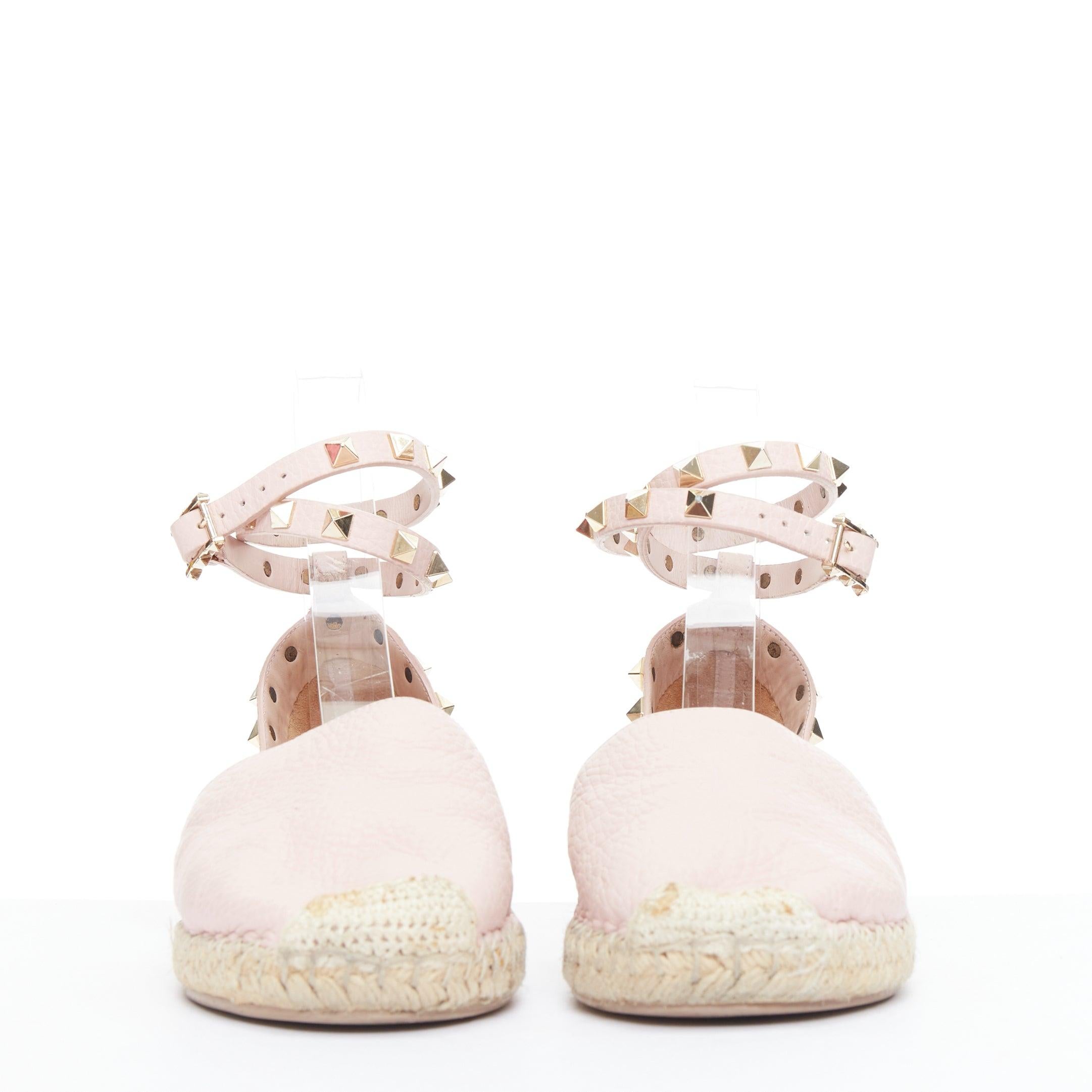 Beige VALENTINO Rockstud pink leather gold studs espadrille sandals EU37 For Sale